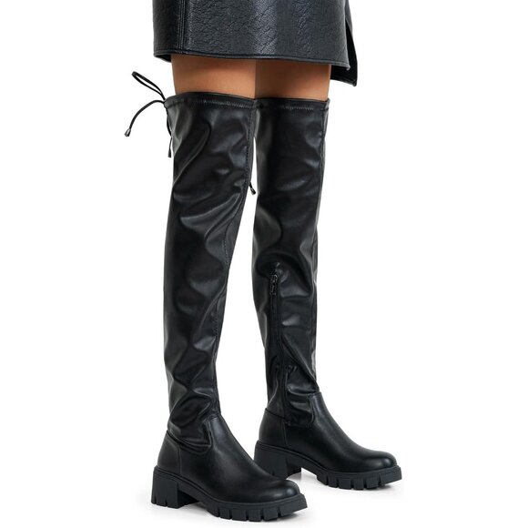 Women's Platform Boots-990-black Pu Over The Knee Thigh High Round Toe Long Boot - Picture 4 of 7